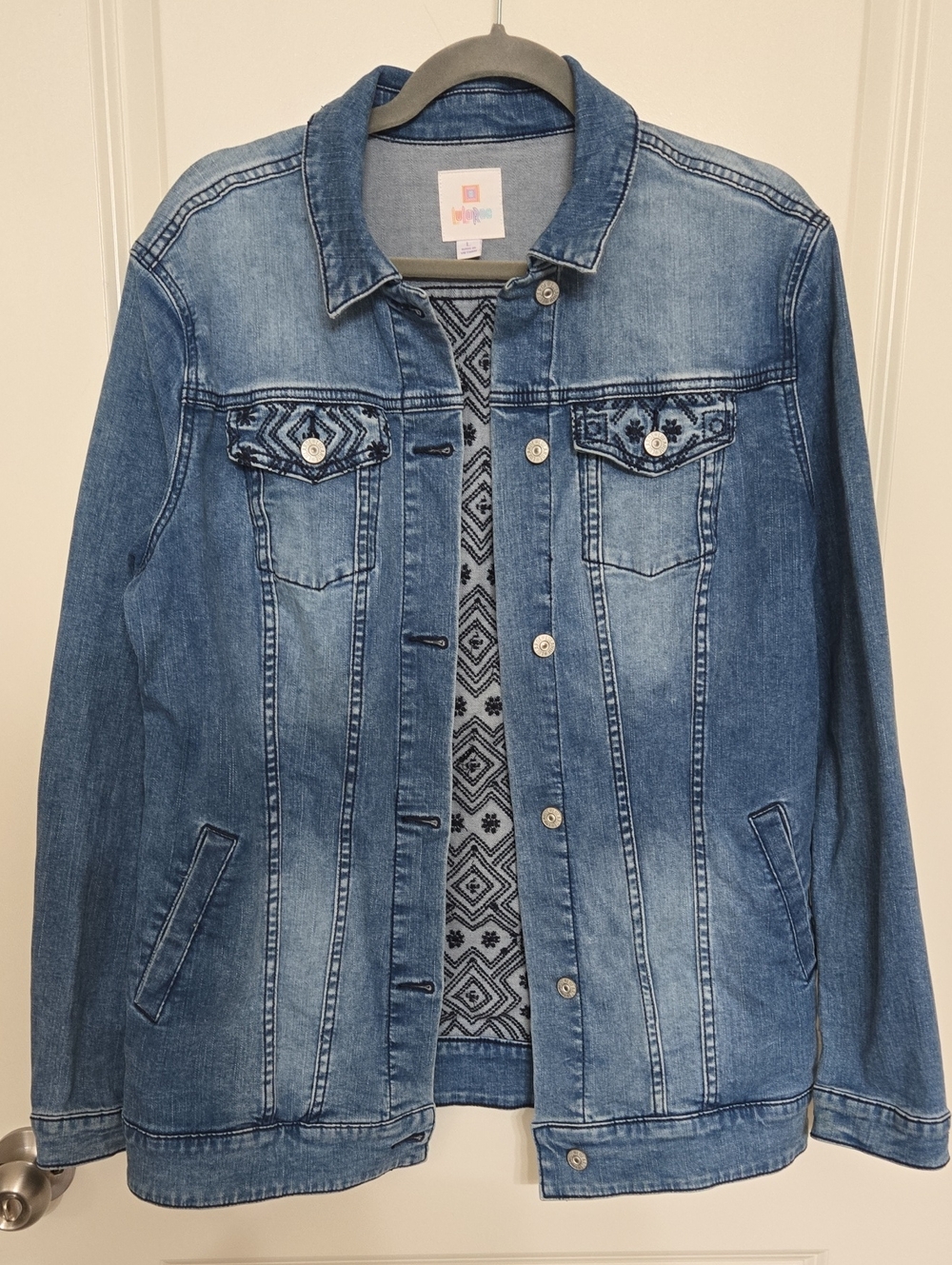 Women's Light Blue Denim Jacket with Embroidered Chest - Casual Jean Jacket
